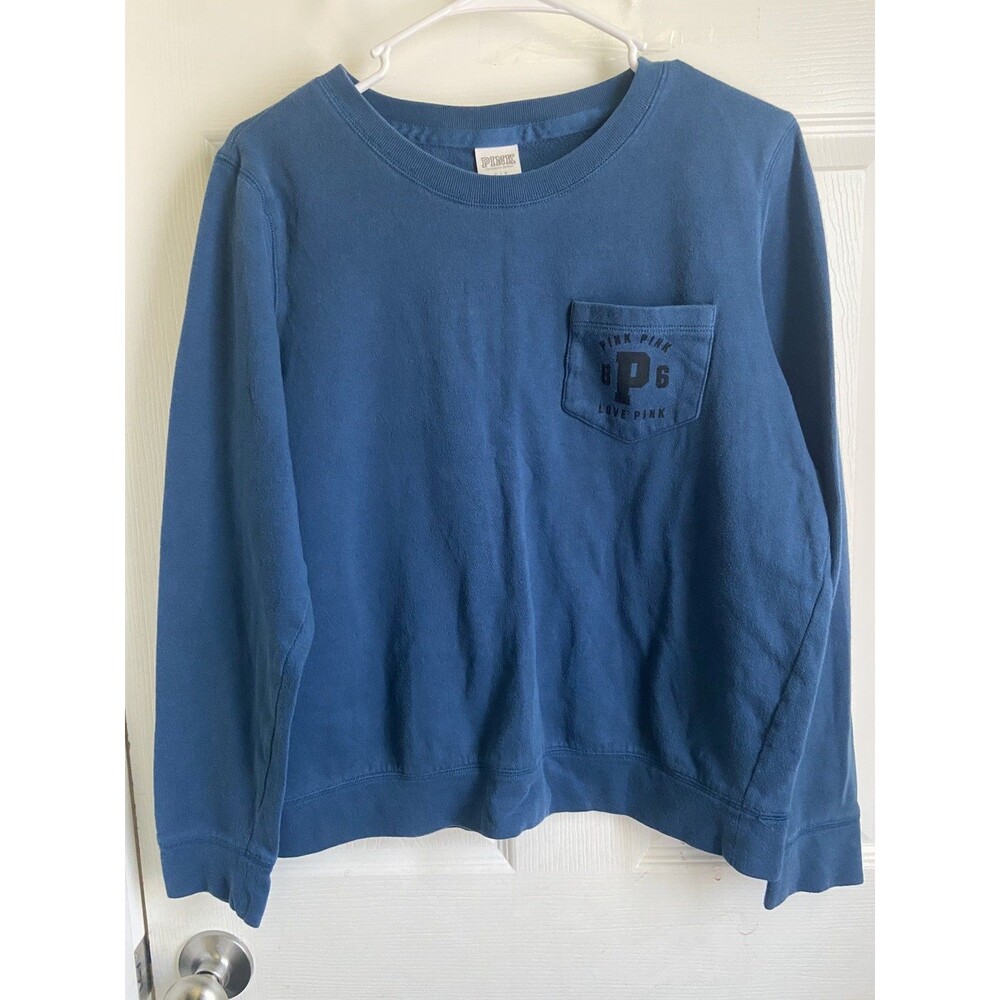 Victoria Secret PINK Sweatshirt Blue Pullover Pocket Black Logo Size:  small